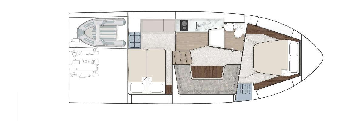 Boat interior layout showing a dining area, kitchen, bathroom, and sleeping quarters, with a dinghy outline on the side.